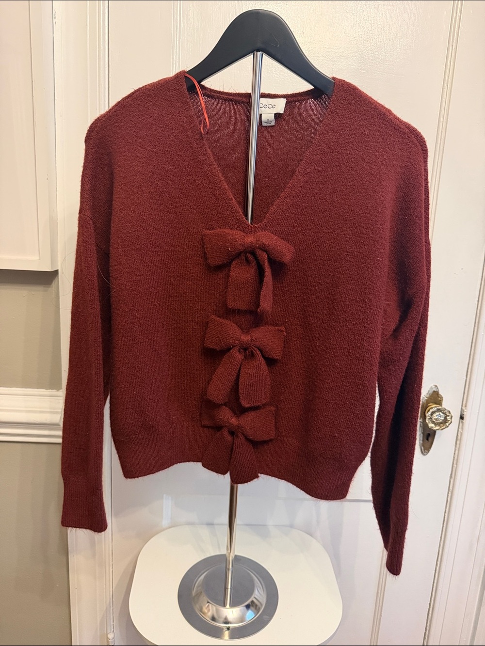 CeCe Rust Red Bow-Front V-Neck Sweater